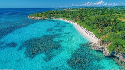 Obraz premium Pristine tropical beach with turquoise waters and lush greenery