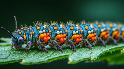 Colorful caterpillar crawling on leaf, green background, nature macro