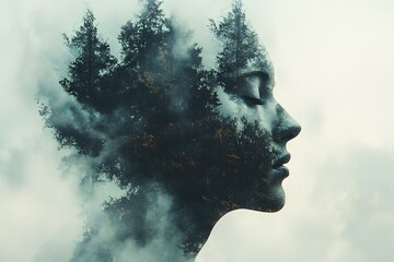 Woman's profile with misty forest double exposure