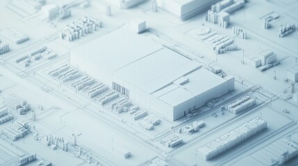 Detailed 3D Blueprint of a Modern Industrial Warehouse Layout and Surrounding Structures