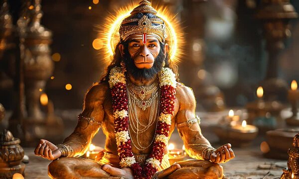Meditating Hanuman, divine light, temple setting, spiritual artwork