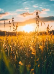 Sunset field grass summer nature landscape wallpaper