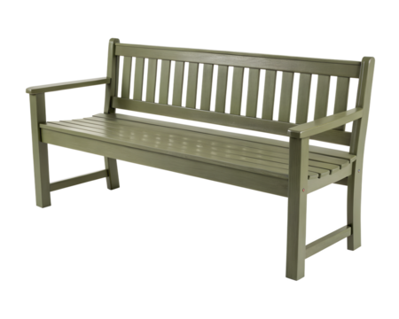 A wooden bench painted in a muted  Olive Green color, featuring a slatted backrest and seat, with armrests on either side, isolated on transparent background.