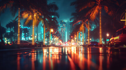 Obraz premium A beautifully illuminated urban street at nighttime, showcasing a mix of modern and vintage architecture bathed in soft neon lights