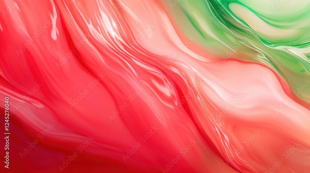 Poster fluid red and green swirls intertwining in an artistic and modern digital pattern.