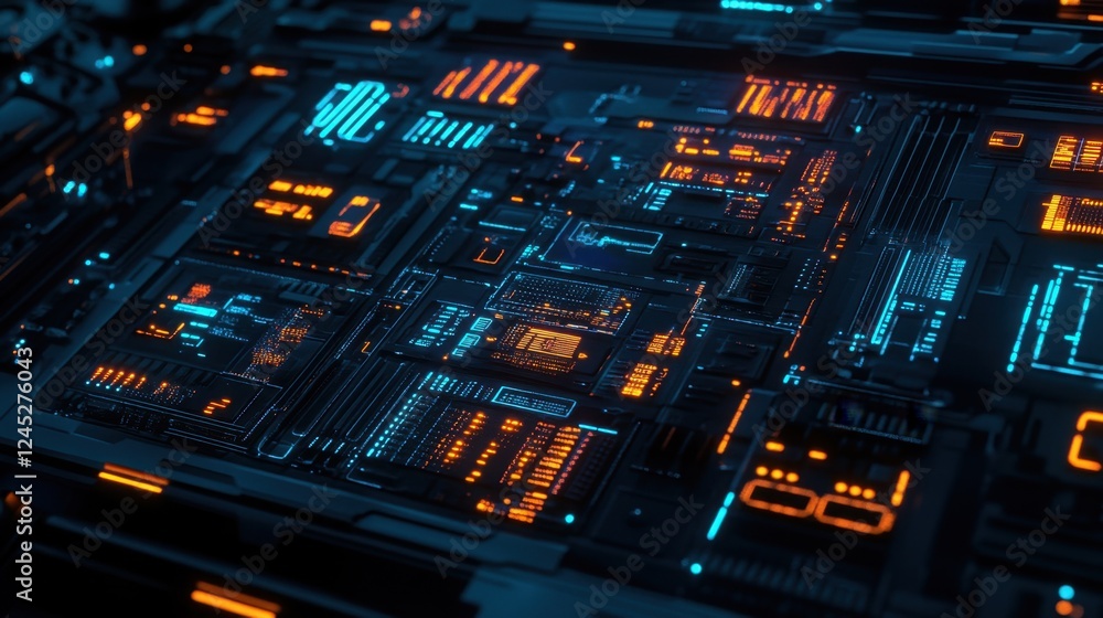 Poster futuristic digital interface displaying data exchange and cloud computing connections, glowing in a 