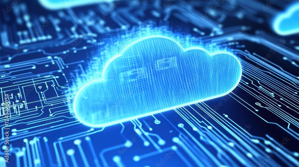 Poster futuristic digital interface displaying data exchange and cloud computing connections, glowing in a 