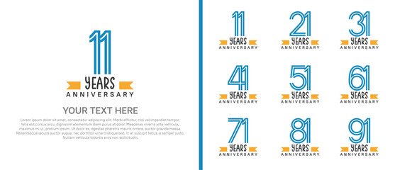 logo anniversary set. blue color with orange ribbon on white background for special event