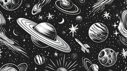 Artistic depiction of a cosmic scene featuring various planets, stars, and a rocket amidst a dark space background