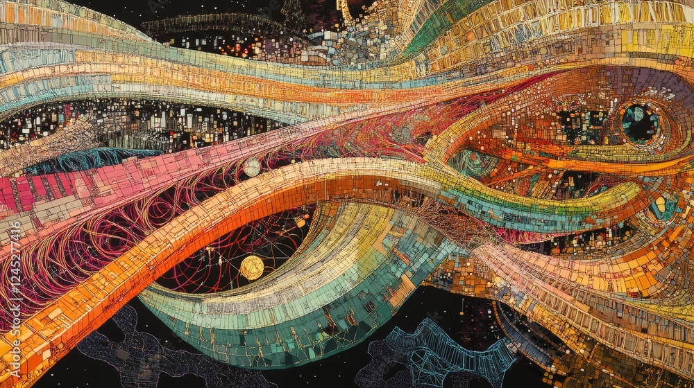 Poster abstract cosmic journey through colorful celestial patterns and intricate galactic structures