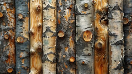 A close-up view of different tree trunks showcasing various textures, colors, and patterns, highlighting the beauty of natural wood.