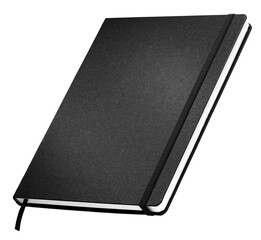 Black hardcover notebook with elastic band isolated on white background. Elegant journal for writing, sketching, or planning.