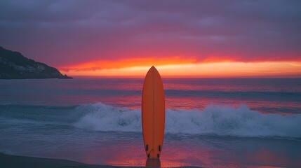 Vibrant sunrise over ocean with surfboard and gentle waves