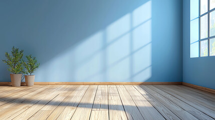Modern Minimalist Room Interior Design: Blue Walls, Wooden Floor, Sunlight, Plants