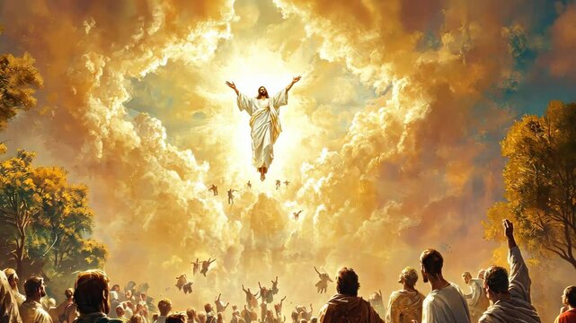 Celestial ascension witnessed by multitude under golden sky