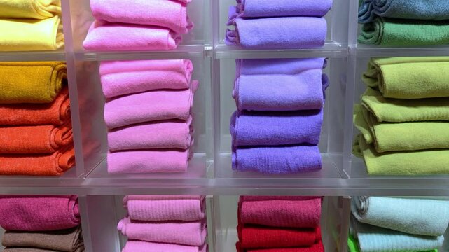 Close-up lots of new socks on the shelf in a clothing store. A row of multi-colored stacks in the store. Shopping. 