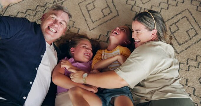 Home, parents and children with laugh for selfie, social media memory and bonding together on carpet. House, mother and father with kids for photography, family picture and relationship with tickling