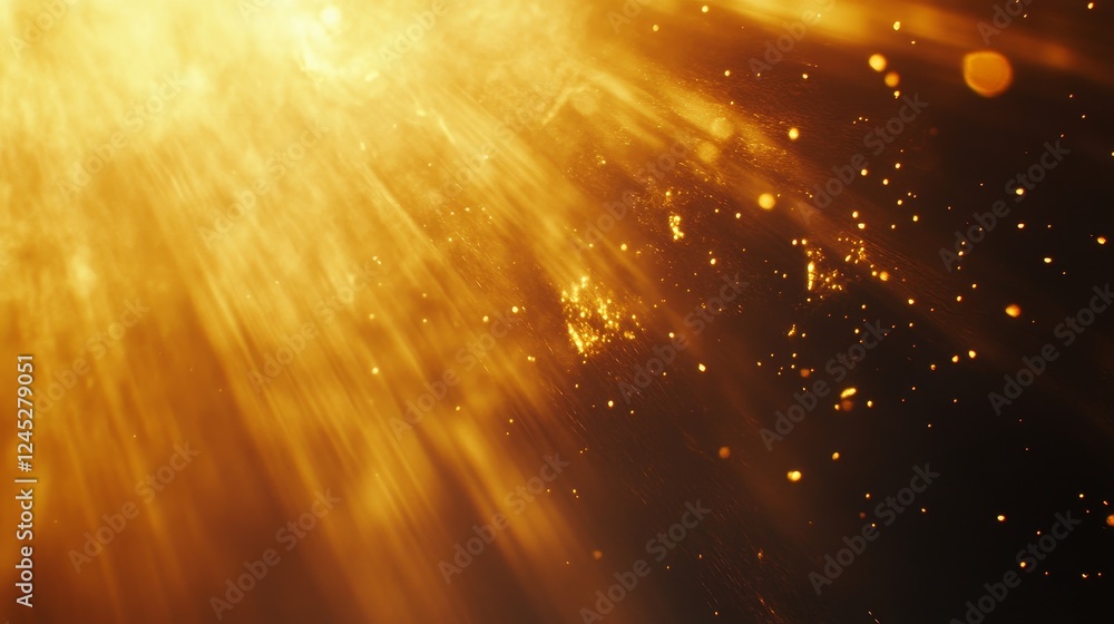 Poster bright golden light rays with sparkling particles in motion