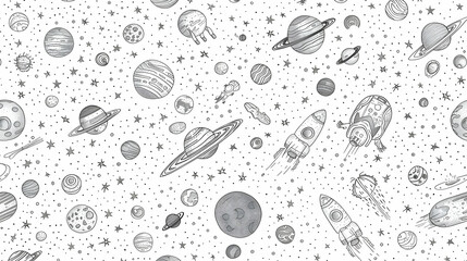 A whimsical illustration of space featuring various planets, rockets, and stars, ideal for children's decor