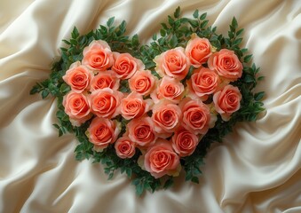 Roses Rose Flower Flowers Heart Shape Arrangement on Silk Sheets Bed Valentine's Day Valentine Pink Red White Shape Arranged Background Image Wallpaper Card