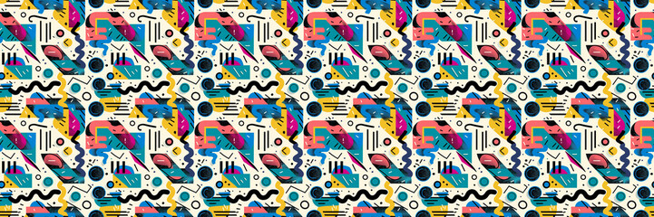 Seamless pattern with geometric shapes in the style. Multicolored vintage background with triangles, circles and squares for textile, fabric and Sudanese fabric art.