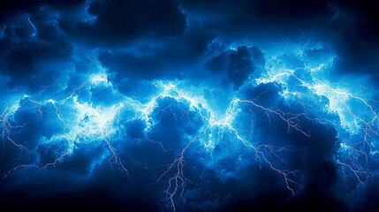 Spectacular Night Storm: An Electrifying Display of Nature's Raw Power.  A breathtaking view of a stormy night sky filled with vibrant blue lightning bolts.