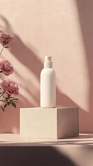 there is a bottle of lotion sitting on a block with flowers