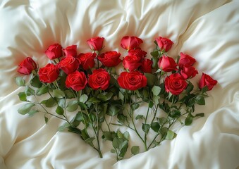 Roses Rose Flower Flowers Heart Shape Arrangement on Silk Sheets Bed Valentine's Day Valentine Pink Red White Shape Arranged Background Image Wallpaper Card