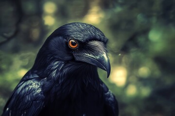 Fototapeta premium Close-up of a black raven with intense orange eyes in a natural forest setting