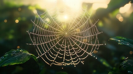 Dew-Covered Spiderweb at Sunrise in Garden