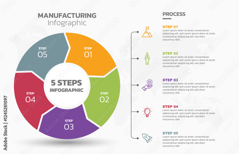 Poster Visual data presentation. Cycle diagram with 5 options. Pie Chart Circle infographic template with 5 steps, options, parts, segments. Business concept. Marketing infographic vector illustration.