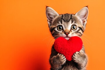 Cute ocicat baby cat with fluffy red heart - sign of love, funny greeting card. Ocicat - my beloved cat. Promotion idea art. Adorable love pet. Romantic furry photo. Kitten and roses.