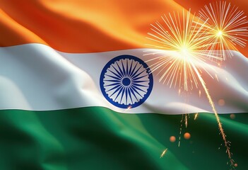 Indian Flag with Blue Wheel and Vibrant Fireworks Display
