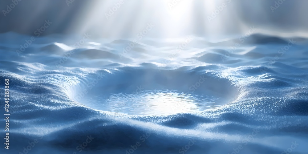 Poster a serene close-up of a snow-covered landscape, showcasing a circular depression in the snow with sof