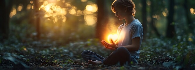 A person sitting cross-legged in a peaceful forest, hand on their chest, with a soft glow radiating from their heart, symbolizing deep listening.