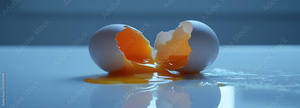 Poster a close-up shot of a broken egg with its shell in pieces and the yolk spilling out onto a smooth whi