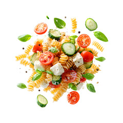 Flying Pasta Salad with Floating Tomatoes and Cucumbers Isolated on Transparent Background