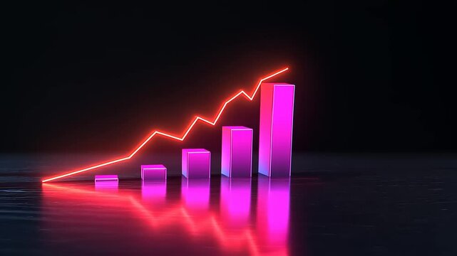 Neon-lit upward trending bar graph illustrating exponential growth and success.