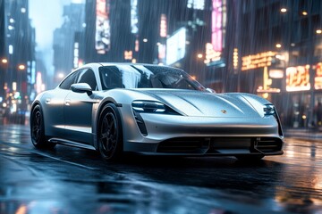 Obraz premium Silver electric car, city rain, night drive, advert