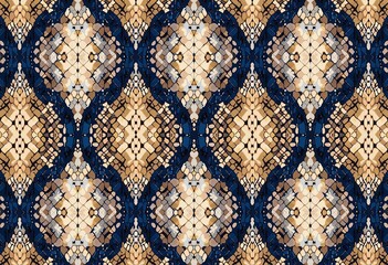 Abstract Snakeskin Texture: Seamless, Photorealistic Pattern in Beige, Dark Blue, Caramel with Bright Blue Pops for Unique Designs


