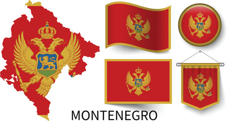 The different designs of Montenegro's national flags and the map showing Montenegro's borders