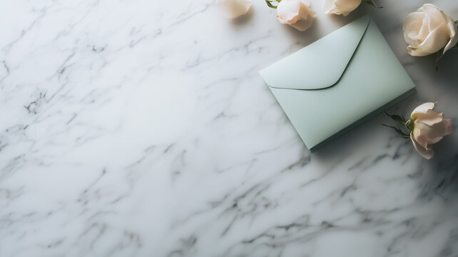 A delicate mint green envelope resting gracefully on a marble surface.  The envelope is surrounded by soft, pink rose petals, creating a romantic and elegant atmosphere.