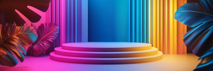 Vibrant Neon Podium Display with Tropical Leaves