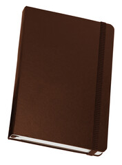 Brown hardcover notebook with elastic band and ribbon bookmark isolated on transparent background.