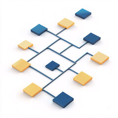abstract 3d network connection with blue and yellow squares on white background