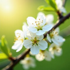 Fototapeta premium Delicate white flowers on hawthorn branch in morning sunlight, blossoms, spring tree