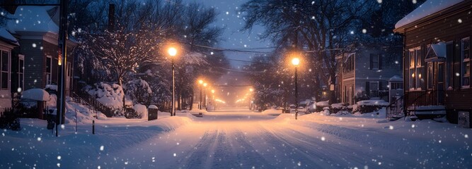 A quiet street in a small town after a snowstorm, with streetlights casting a warm glow over freshly fallen snow, and snowflakes still drifting down.