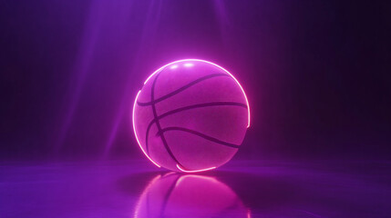 Glowing pink basketball on reflective surface.