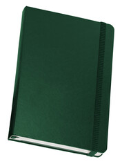 Dark green hardcover notebook with elastic band and minimalist design isolated on white background. Ideal for office, organization, and stationery needs.