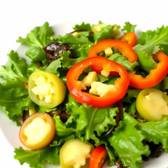 Delicious leafy vegetable salad on a white plate with slices of bell peppers on top isolated on the white background